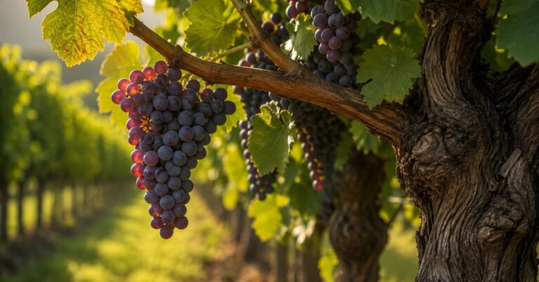 A cluster of ripe purple grapes hangs from a gnarled grapevine still attached to its thick, weathered trunk, picturing the abiding connection between Christ and the believer that produces fruit.