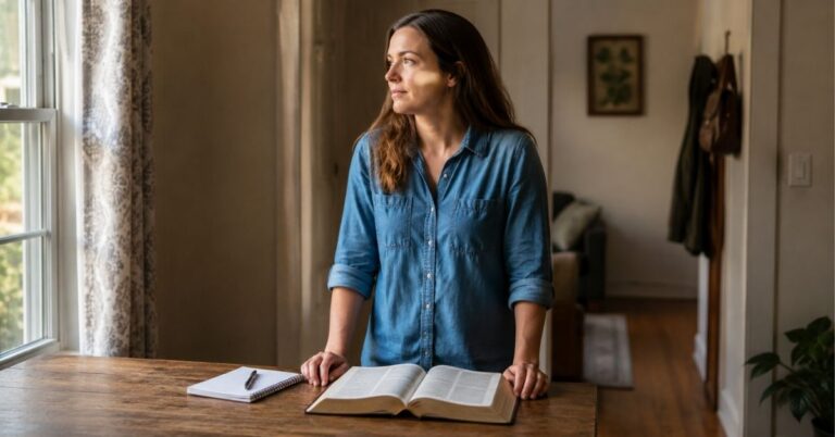 Believer standing beside an open Bible after prayer, preparing to serve others.