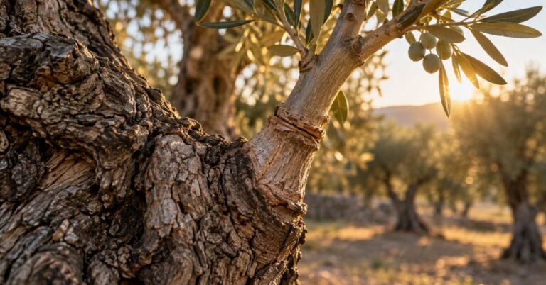 Close-up of a branch grafted onto an ancient olive tree in golden light