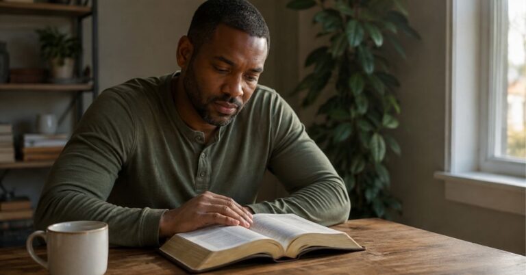A person reading an open Bible at a wooden table in natural daylight.