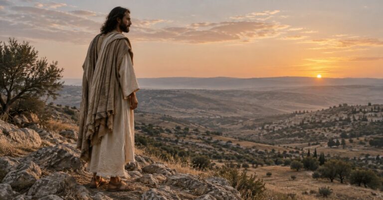 Jesus standing on a hillside in a first-century Judean landscape.