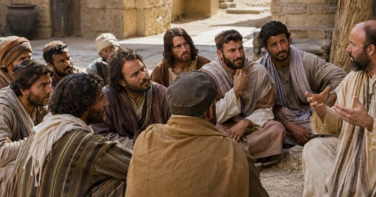 Paul speaking with a small group of disciples in first-century Ephesus.