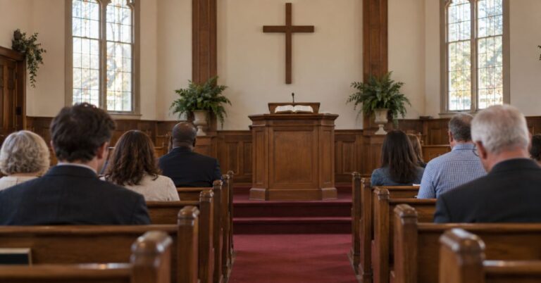 Open Bible on a church pulpit with a wooden cross behind it and people listening.