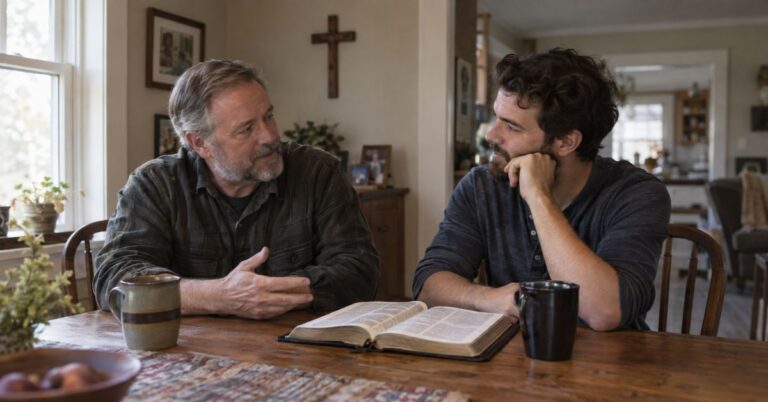 Father and adult son seated together at a table with an open Bible and a wooden cross in the background.