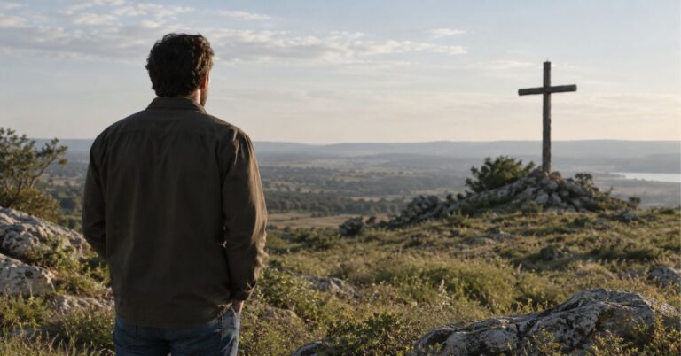 Solitary person looking toward a distant weathered cross in natural daylight.