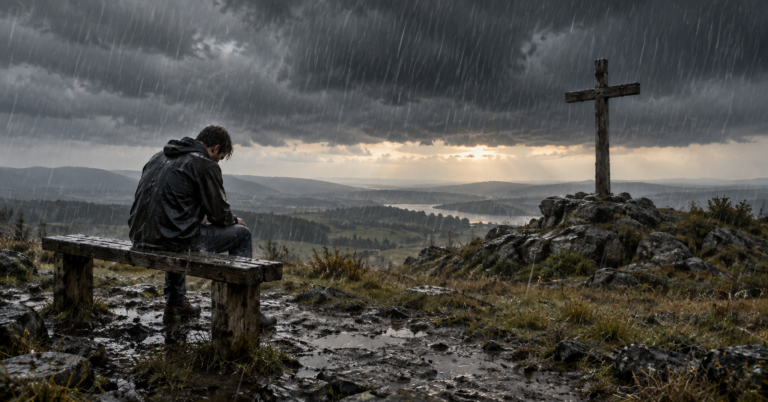 A weary person sitting in heavy rain with a wooden cross standing firmly on a rocky rise behind them.