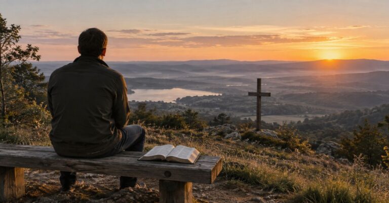 Person beside an open Bible looking toward a cross at sunrise, representing what it means to know God.