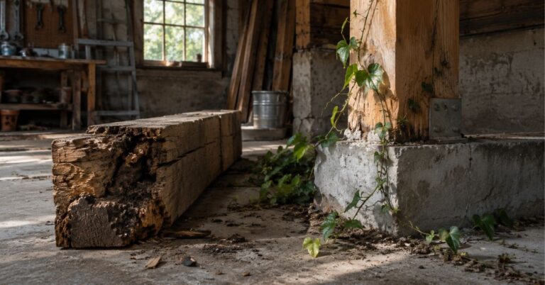 Workshop structure with a severed old beam and a living vine growing through nearby cracks.