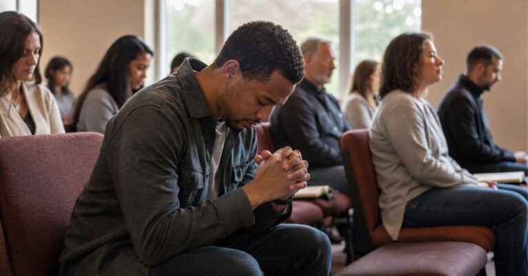 Christian quietly praying while seated with other believers in a church gathering.