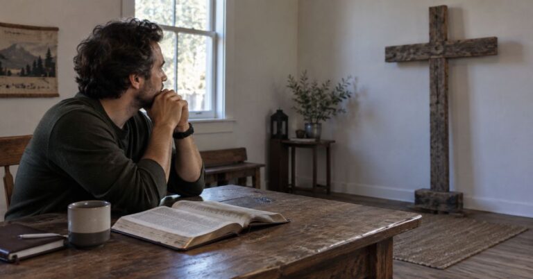 A solitary believer seated beside an open Bible looking toward a wooden cross in a quiet prayer room.