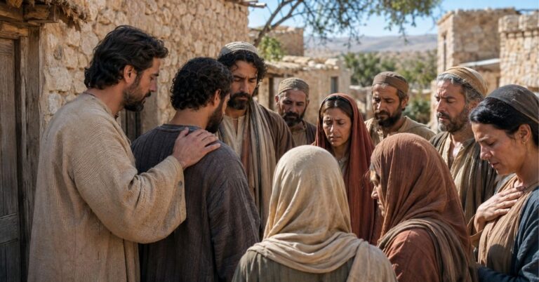 Peter and John praying with Samaritan believers in a first-century village.