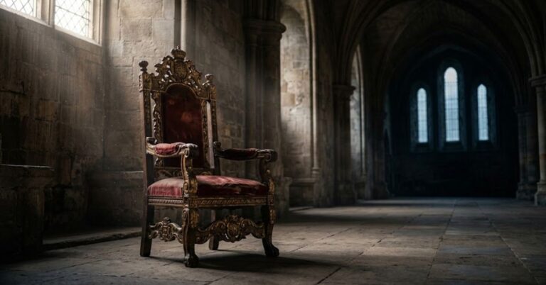 An ornate, empty antique throne bathed in warm light inside a dim stone hall, symbolizing authority that has been vacated.
