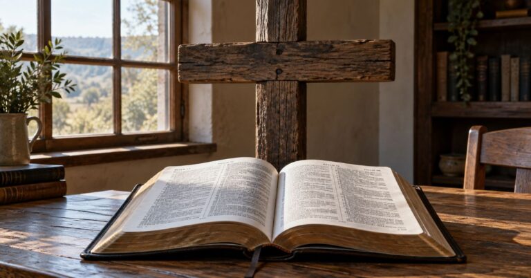 Open Bible on a wooden table with a large wooden cross rising behind it.
