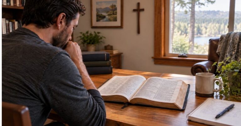 Adult studying an open Bible with a large wooden cross directly behind it.