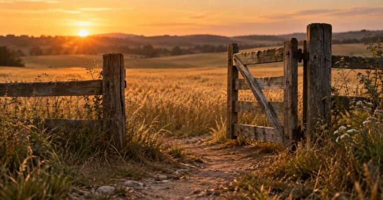 A half-open wooden gate in a golden wheat field at sunset, with a path leading up to it.