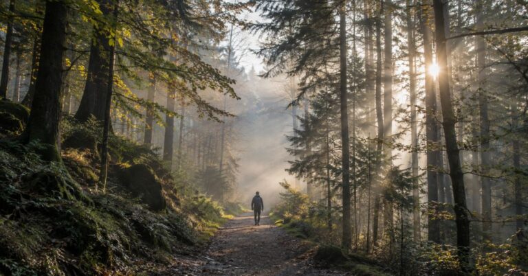 A person walking alone down a misty forest path at sunrise