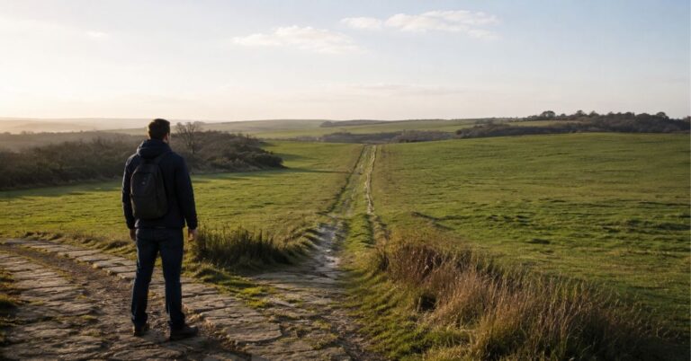 Person standing on a countryside path with an old trail behind and an open path ahead.