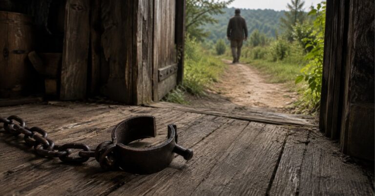 Open weathered shackle on a workshop floor as a person walks away outside.