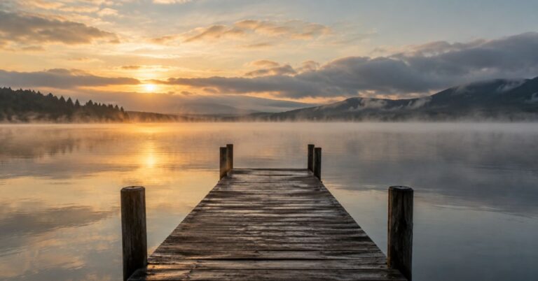 Quiet wooden dock over a misty lake at sunrise, symbolizing stillness and unseen truth beneath the surface