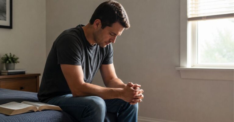 Christian praying quietly alone beside a window with an open Bible nearby.