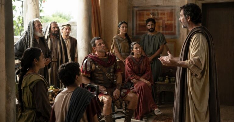 Peter preaching to Cornelius and his household inside a first-century Roman home.