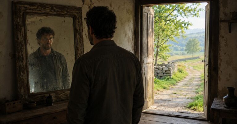 Adult looking into an old mirror beside an open doorway leading to a sunlit country path.