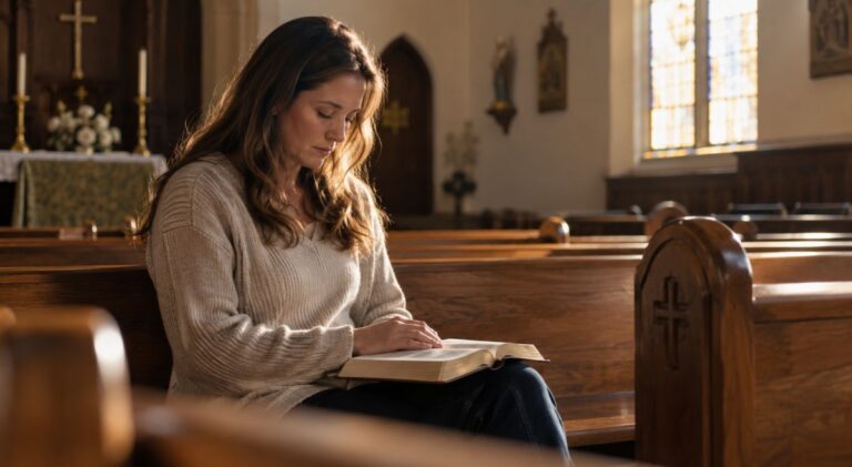 A person sitting quietly in a pew with an open Bible, reflecting on the struggle with sin as a new creation in Christ.