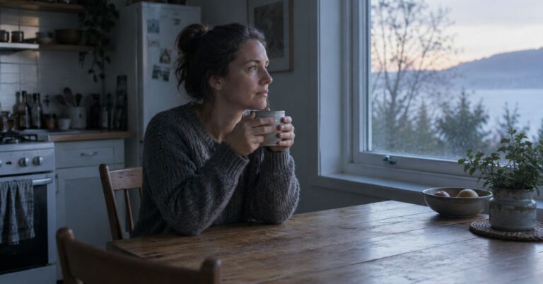 Person sitting quietly by a window in early morning light, deep in thought