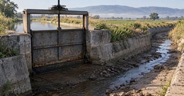 Closed irrigation sluice gate with a small amount of water remaining downstream.