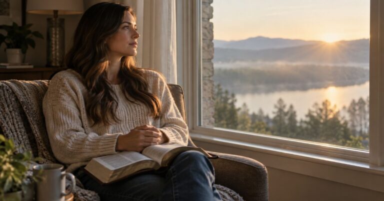 A person quietly reading a Bible in soft morning light by a window