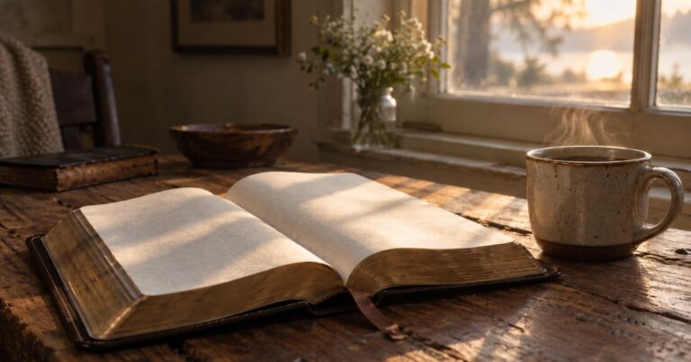 Open Bible on a wooden table in soft morning light, representing the settled facts of identity in Christ