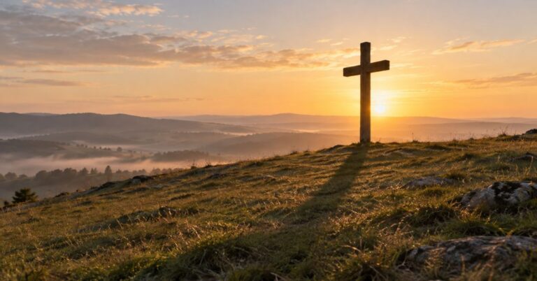 A wooden cross on a hilltop at sunrise with a long shadow across an open field