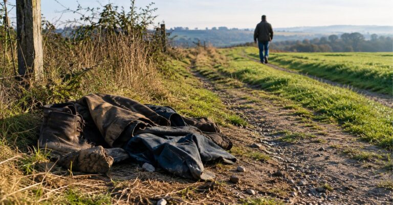Weathered clothes left beside an old path as a person walks ahead through the countryside.