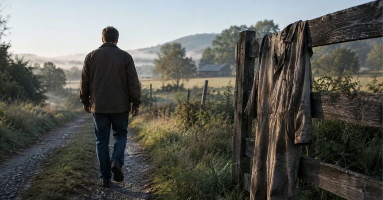 Person walking away from old clothes left hanging on a rural fence.