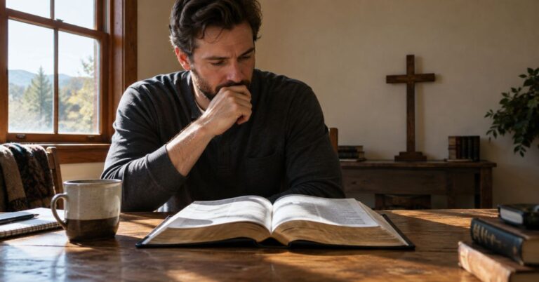 Adult studying an open Bible at a wooden table with a cross in the background.