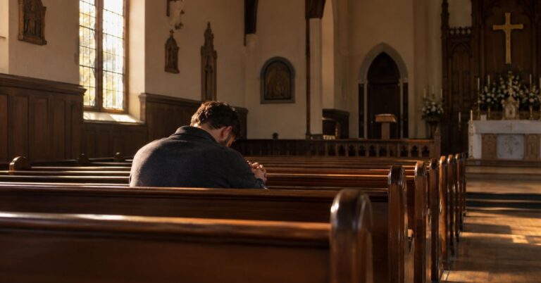 A person sitting alone in a quiet church sanctuary with light coming through a window, head bowed in prayer worshipping God
